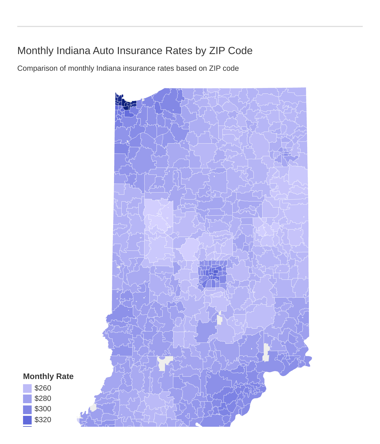 Monthly Indiana Auto Insurance Rates by ZIP Code