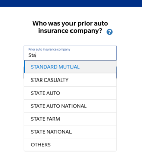 A screenshot of the prior insurance page on the Farmer's website quote process