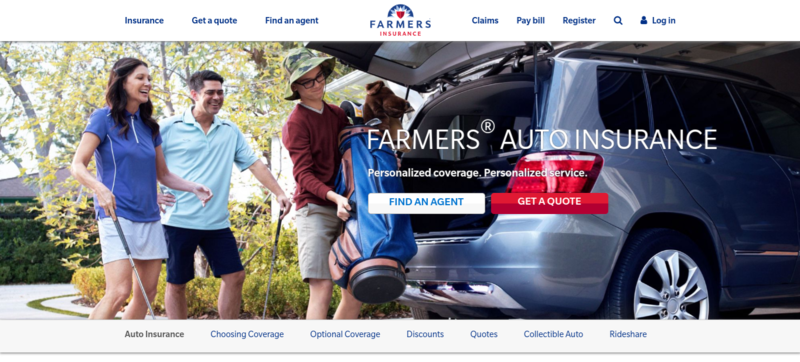 A screenshot of the auto insurance homepage on Farmer's website