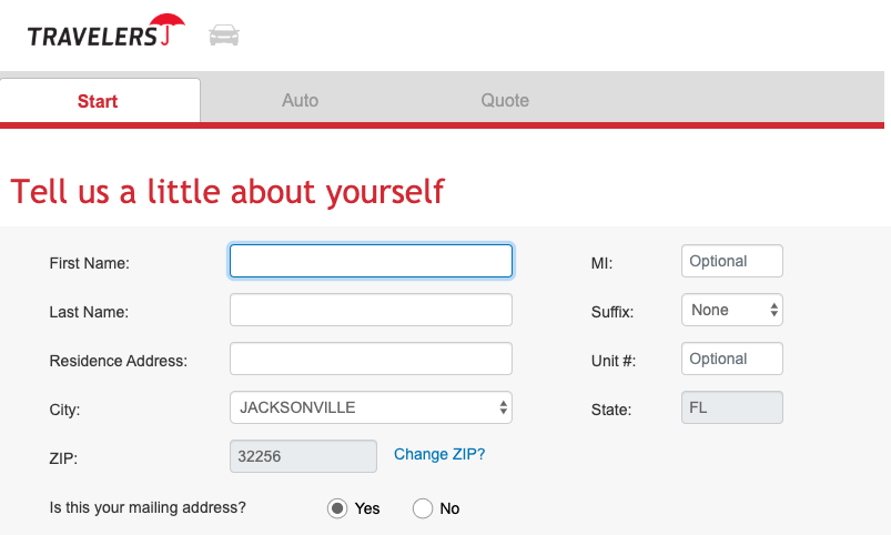 Travelers insurance auto insurance quote personal information entry