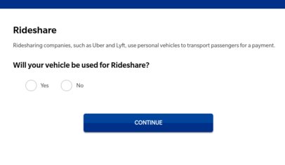 A screenshot of the rideshare admission page of the Farmer's quote process
