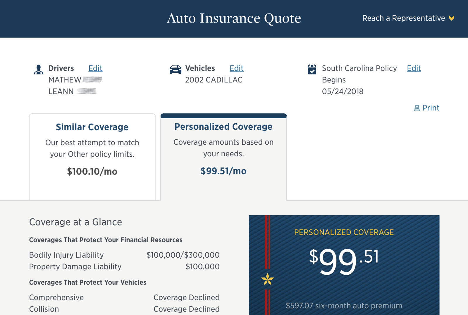 USAA Insurance Quote Screen