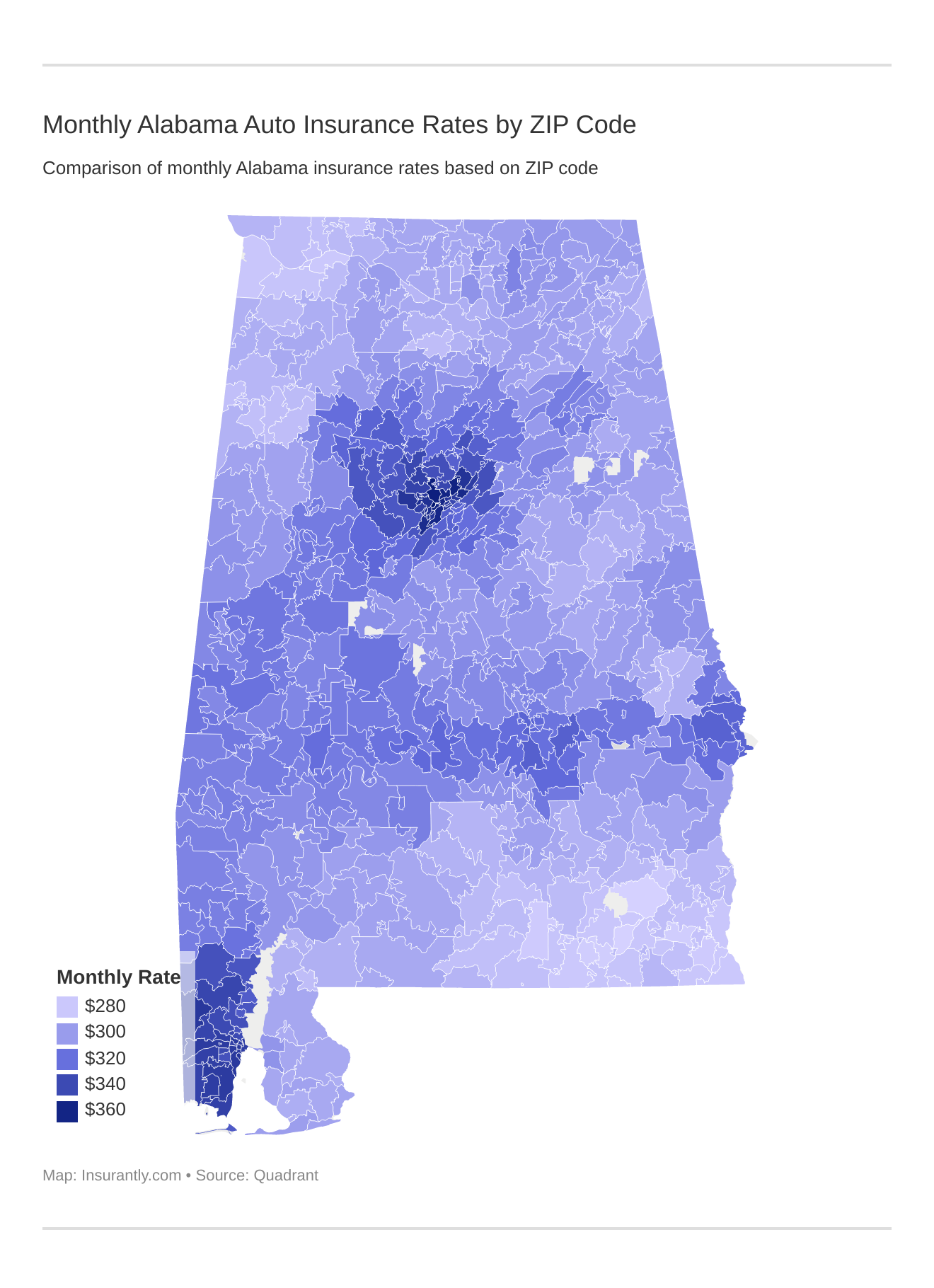 Monthly Alabama Auto Insurance Rates by ZIP Code