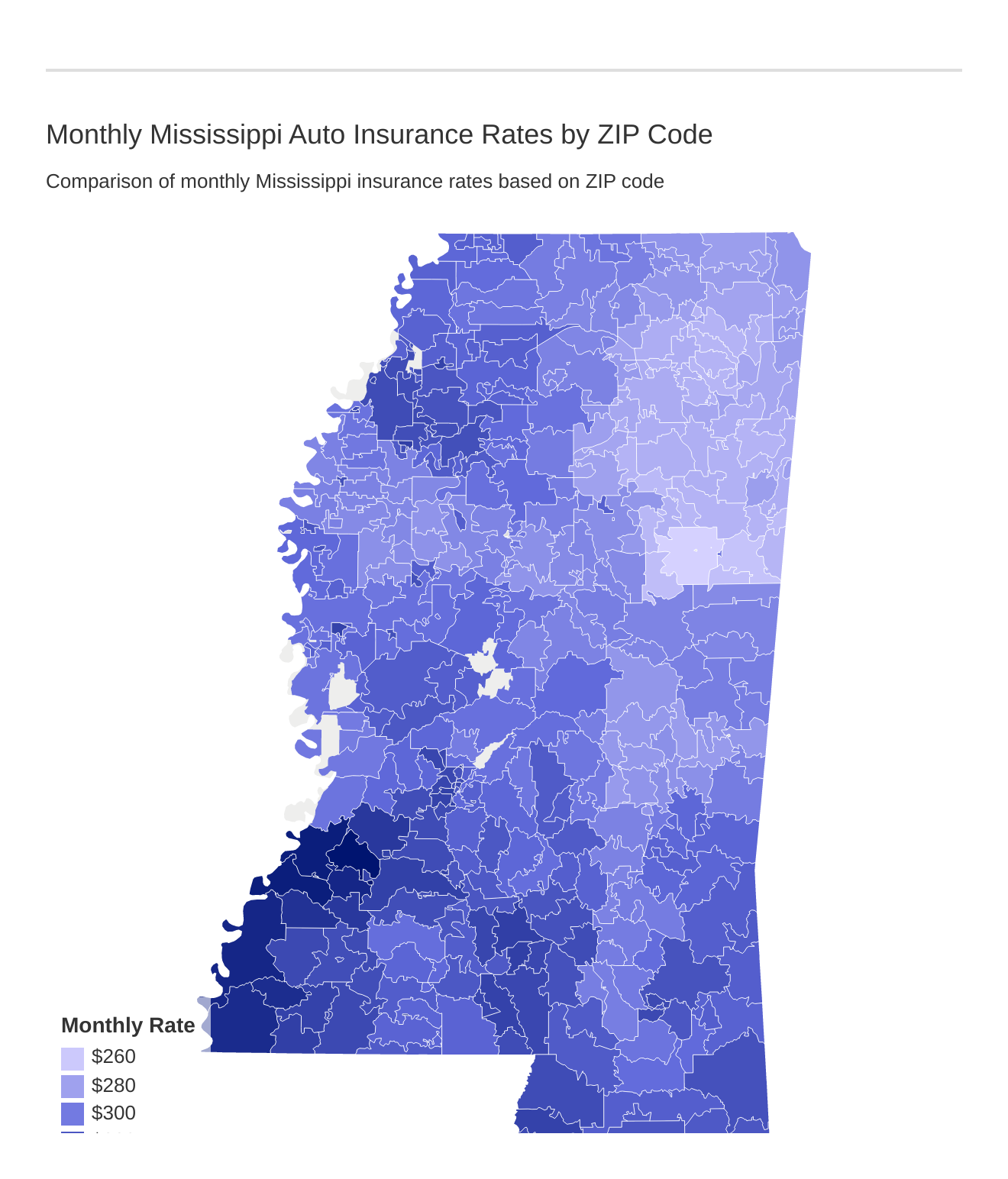 Monthly Mississippi Auto Insurance Rates by ZIP Code